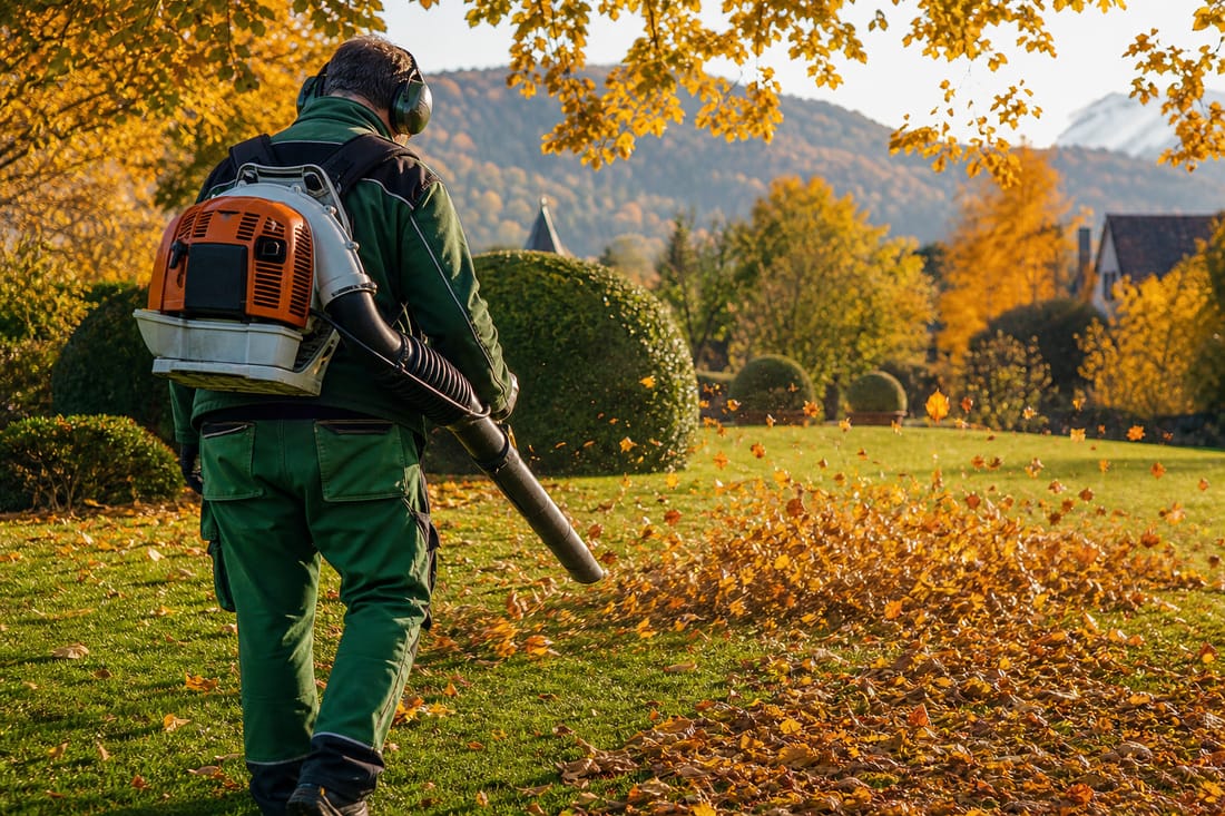 Beispiel: Gärtner von hinten beim Laubblasen auf dem Rasen